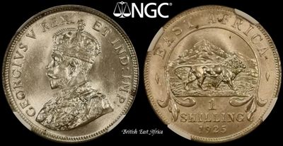 【皇冠收藏】第十五期 外国硬币 微拍 全场满3件或满200元包邮 - NGC MS63 英属东非 乔治五世 1925年 1先令银币 含银25% 多见品相发黄或发灰 此枚难得原光 实属不易 近半年小涨的品种 同款在SBP2月拍卖成交价为216美元 值得关注 