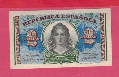 西班牙1938年2比塞塔 A冠 克劳斯目录P-95 实物如图 UNC   - 西班牙1938年2比塞塔 A冠 克劳斯目录P-95 实物如图 UNC  