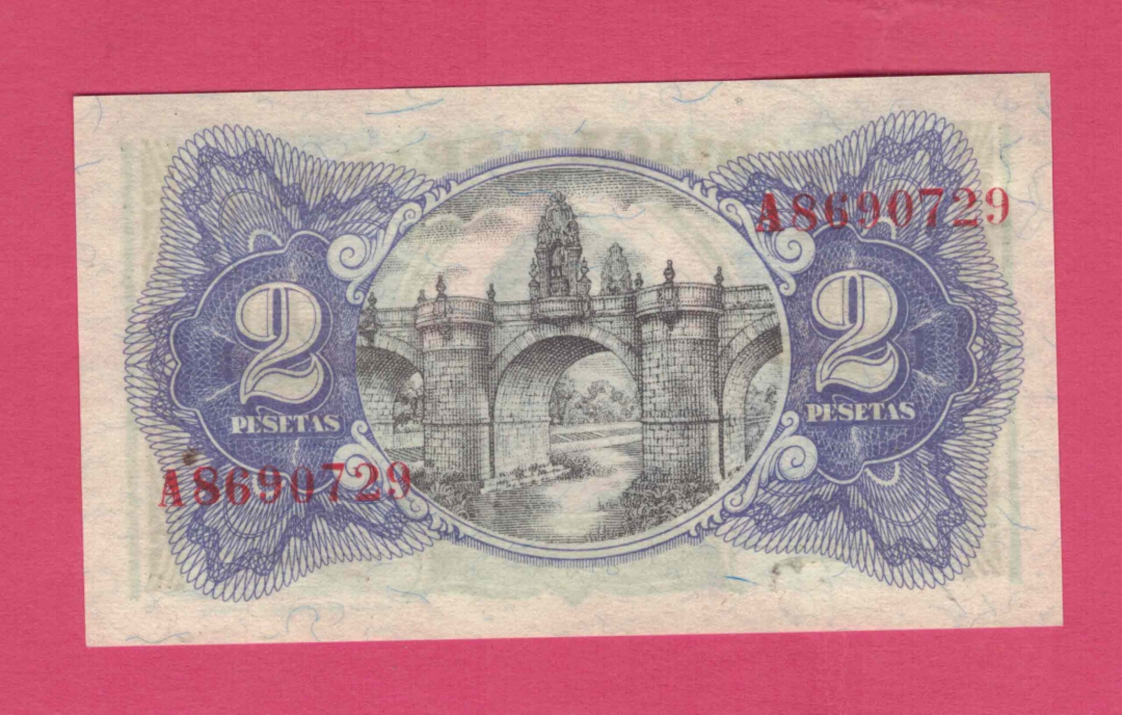 西班牙1938年2比塞塔 A冠 克劳斯目录P-95 实物如图 UNC  