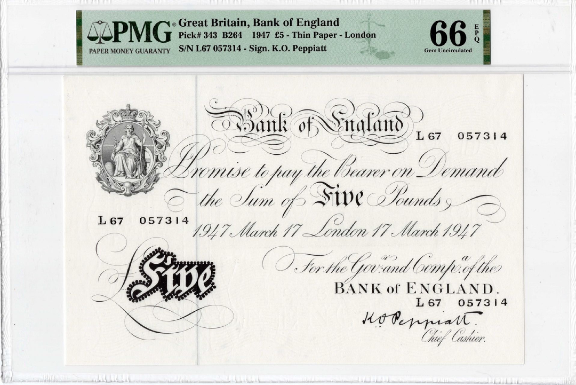 收藏联盟Quantum Auction 第175期拍卖 1947年英国白色英镑5镑 PMG66E