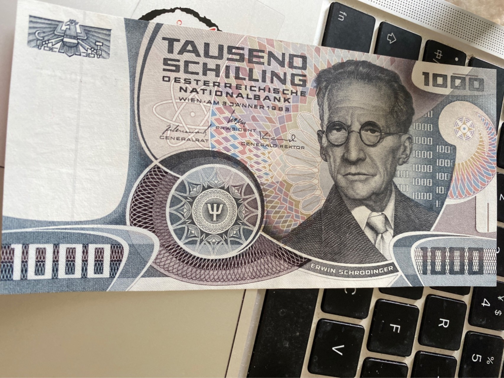 收藏联盟Quantum Auction 第175期拍卖 1983年奥地利1000先令 薛定谔 品相AU 轻微中软折