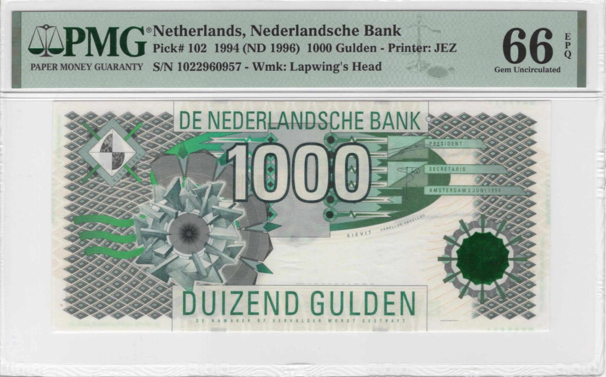 收藏联盟Quantum Auction 第175期拍卖 1994年荷兰1000盾 PMG66E 工业大齿轮