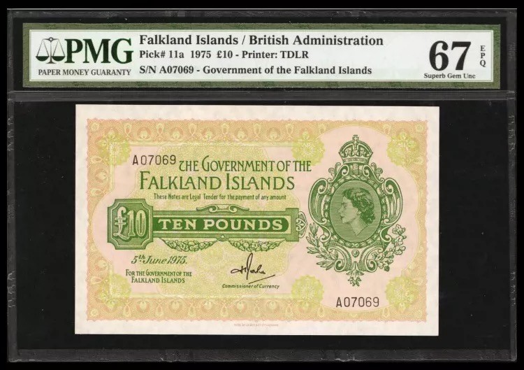 收藏联盟Quantum Auction 第175期拍卖 1975年福克兰群岛10镑 初版 PMG67E