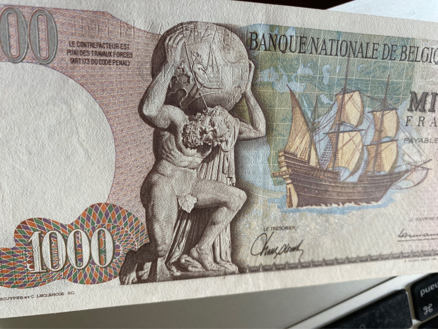 收藏联盟Quantum Auction 第175期拍卖 1967年比利时1000法郎 大力神 品相AU软折 