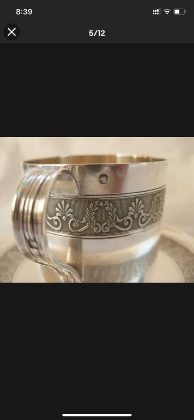 法国1903年帝国早期风格 hallmark纯银茶杯 咖啡杯  925银  内部镀金，底部接缝完美 做工精美，雕花细腻，手工制作，保存良好，几乎没有什么使用痕迹，杯子内部内部镀金，钢印都在 欧洲拍卖网站拍的，收藏使用均可 有拍卖网站英文注释