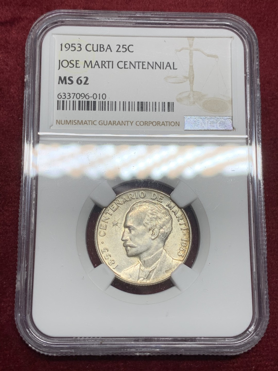 《竞宝斋》第74场-套币裸币专场 本周日，周一，周四.3场连拍（全场不限金额包邮） NGC-MS62 古巴1953年 马丁百年纪念 25分原光银币