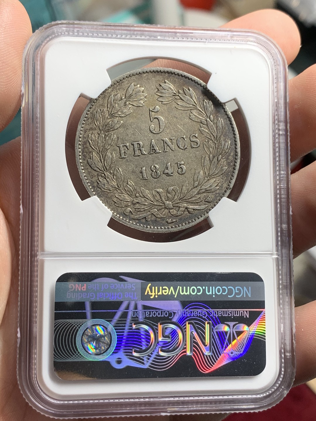 《竞宝斋》第74场-套币裸币专场 本周日，周一，周四.3场连拍（全场不限金额包邮） NGC-XF45 法国 1845-W年 里尔厂 5法郎大银币 好版好品 菲利普有这个分数已经很不错了