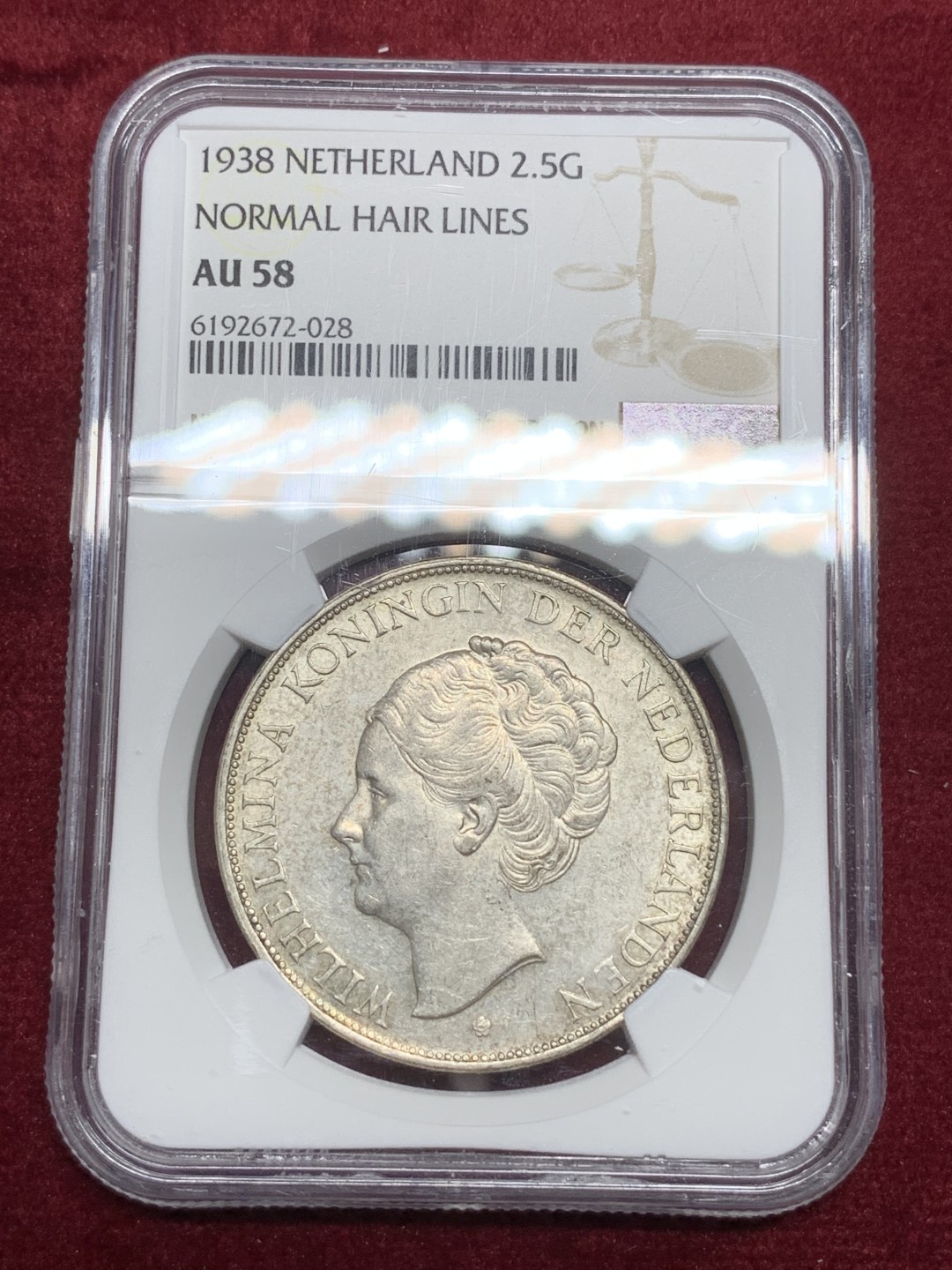 《竞宝斋》第74场-套币裸币专场 本周日，周一，周四.3场连拍（全场不限金额包邮） NGC-AU58 荷兰1938年 威廉米娜女王2.5盾 大银币 原光好品