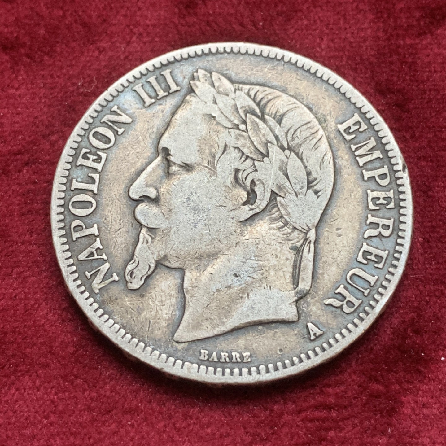 《竞宝斋》第74场-套币裸币专场 本周日，周一，周四.3场连拍（全场不限金额包邮） 法国1868年 拿三 5法郎 大银币 五彩包浆 非常漂亮