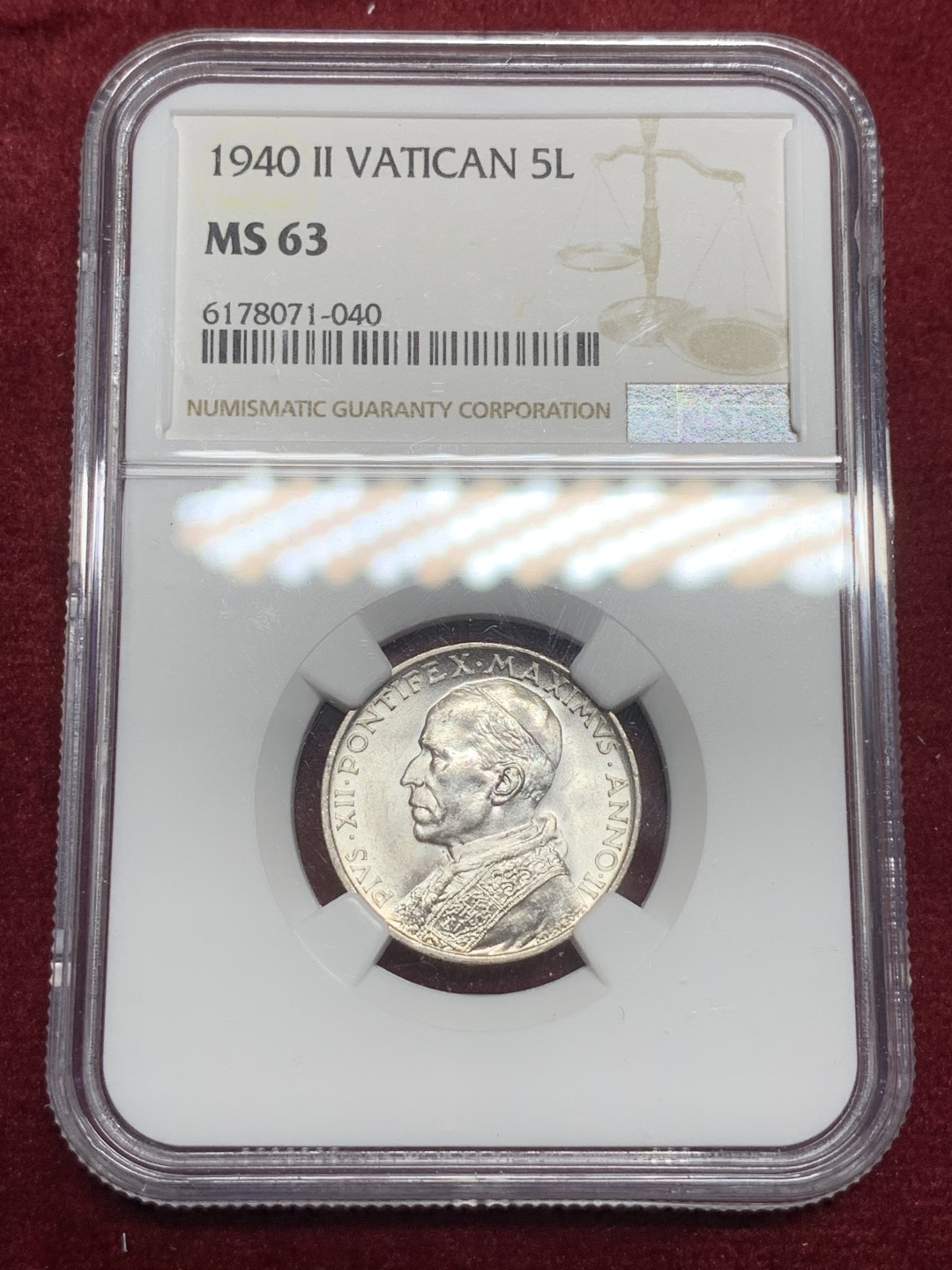《竞宝斋》第74场-套币裸币专场 本周日，周一，周四.3场连拍（全场不限金额包邮） NGC-MS63 梵蒂冈 1940年 教皇小船5里拉 顶级原光品相