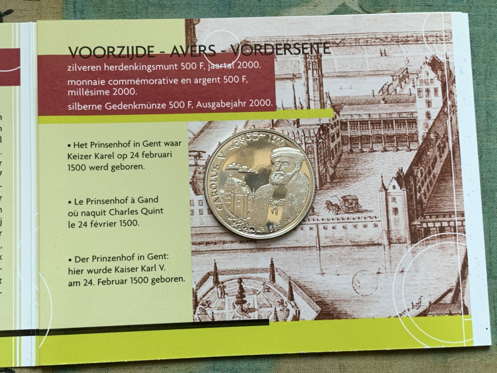 《竞宝斋》第74场-套币裸币专场 本周日，周一，周四.3场连拍（全场不限金额包邮） 卡装 比利时 2000年 卡尔五世纪念 500法郎大银币 22.85克 925银