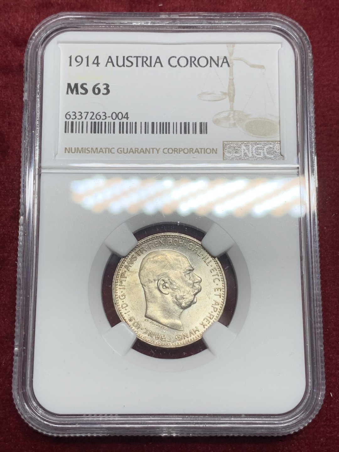 《竞宝斋》第74场-套币裸币专场 本周日，周一，周四.3场连拍（全场不限金额包邮） NGC-MS63 奥地利 1914年 佛兰茨一世 1克朗 银币 顶级原光好品
