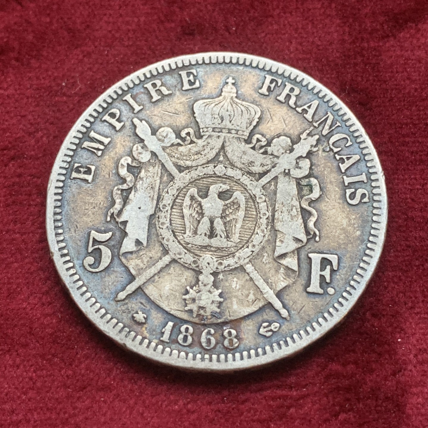 《竞宝斋》第74场-套币裸币专场 本周日，周一，周四.3场连拍（全场不限金额包邮） 法国1868年 拿三 5法郎 大银币 五彩包浆 非常漂亮