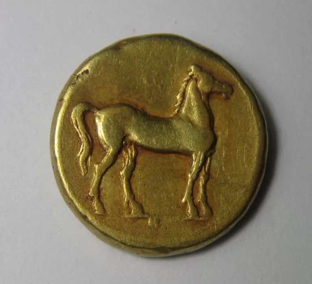 古希腊时代，迦太基金币，迦太基女神金币，天后坦尼特与站马1标准重琥珀金币