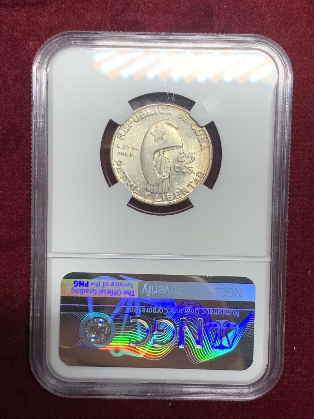 《竞宝斋》第74场-套币裸币专场 本周日，周一，周四.3场连拍（全场不限金额包邮） NGC-MS62 古巴1953年 马丁百年纪念 25分原光银币