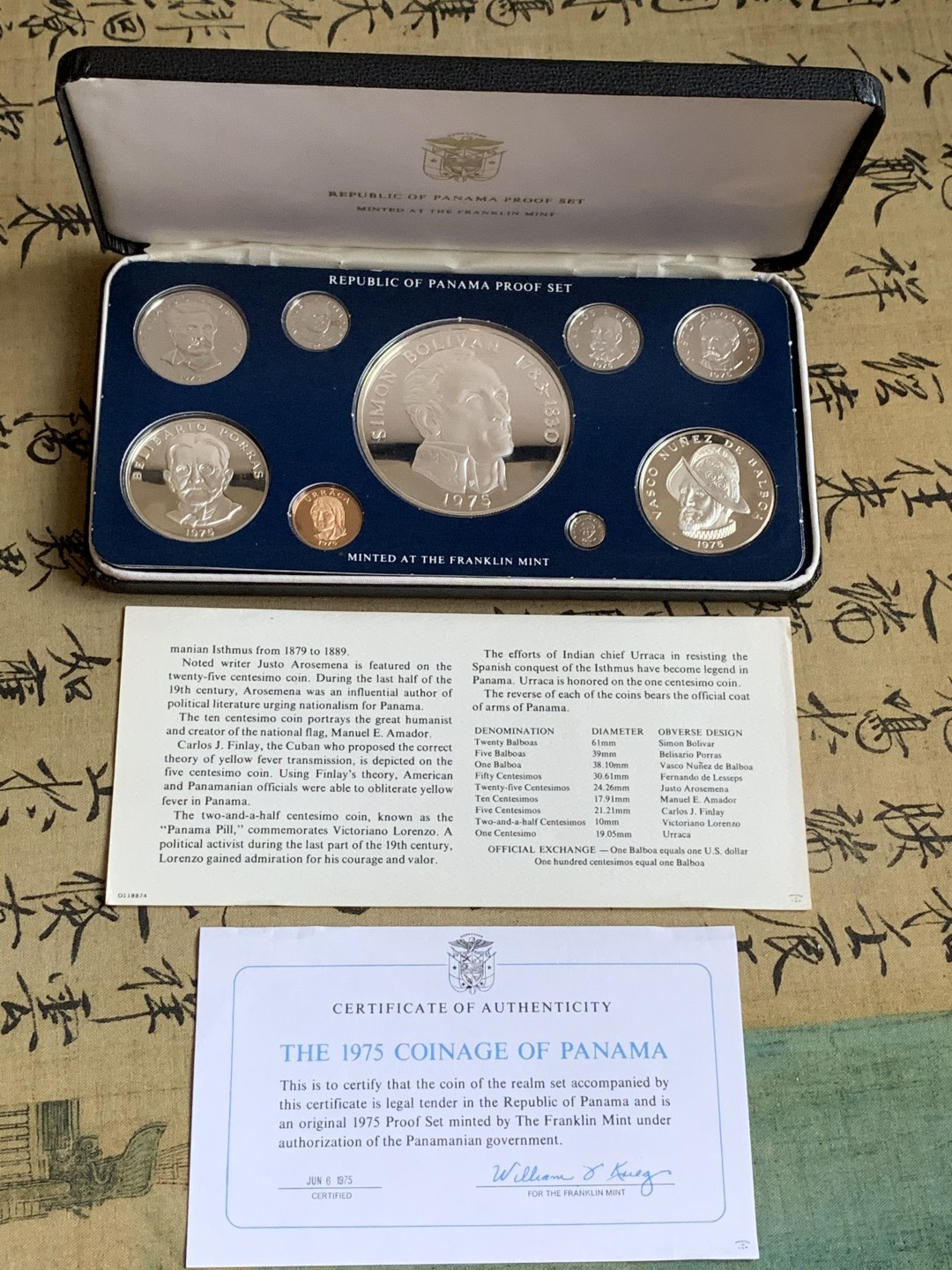 《竞宝斋》第74场-套币裸币专场 本周日，周一，周四.3场连拍（全场不限金额包邮） 原盒证书 巴拿马1975年精制套币9枚 其中三枚最大的是925银币 总银币重量192克