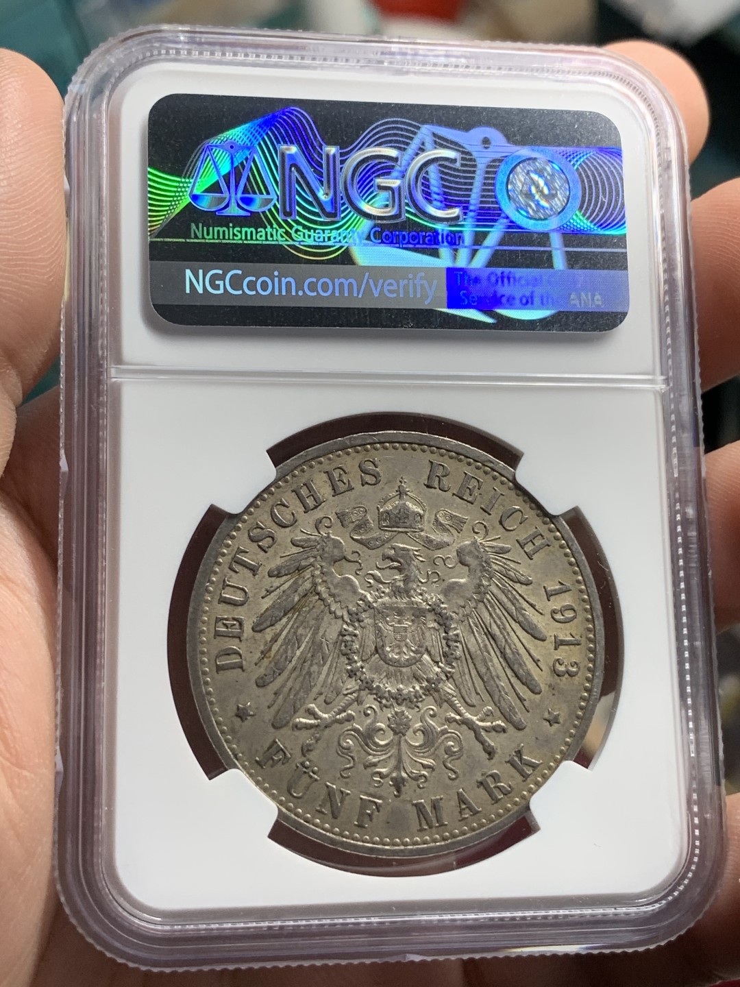 《竞宝斋》第74场-套币裸币专场 本周日，周一，周四.3场连拍（全场不限金额包邮） NGC-AU58 德国普鲁士 1913年 军装版 5马克大银币 底光原味好品