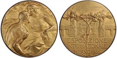 意大利米兰1906劳工科学世博会纪念章   PGCS SP65国际米兰世博会，(Johnson Medal)圣约逊章牌，62mm 160克，铜质喷砂镀金工艺。稀少，官网唯一的一枚评级章。最新NFC防伪技术。非常稀少！
