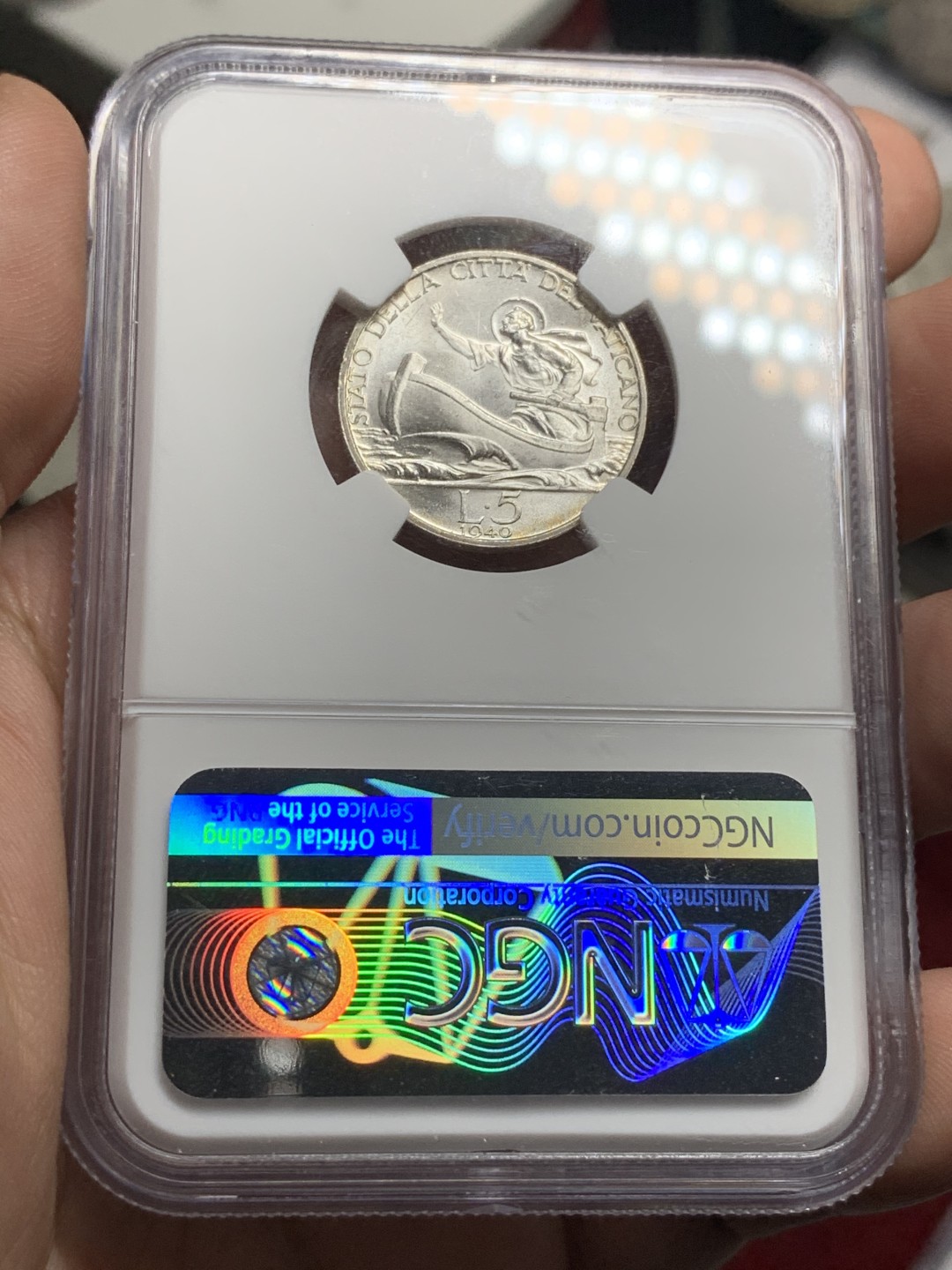 《竞宝斋》第74场-套币裸币专场 本周日，周一，周四.3场连拍（全场不限金额包邮） NGC-MS63 梵蒂冈 1940年 教皇小船5里拉 顶级原光品相