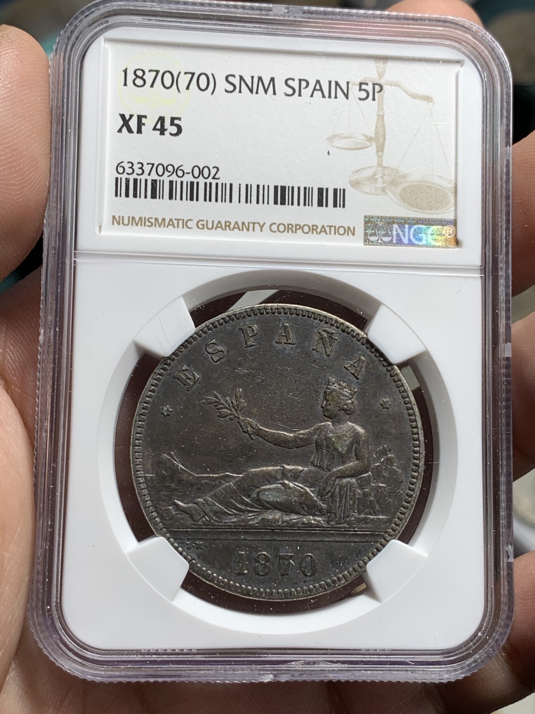 《竞宝斋》第74场-套币裸币专场 本周日，周一，周四.3场连拍（全场不限金额包邮） NGC-XF45 西班牙 1870年 坐人拿花 5比塞塔双柱大银币 原味好品好品种