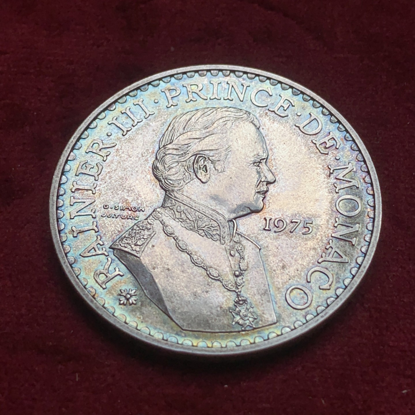 《竞宝斋》第74场-套币裸币专场 本周日，周一，周四.3场连拍（全场不限金额包邮） 摩纳哥1975年兰尼埃三世亲王 50法郎 大银币BU品 30克 稀少品种
