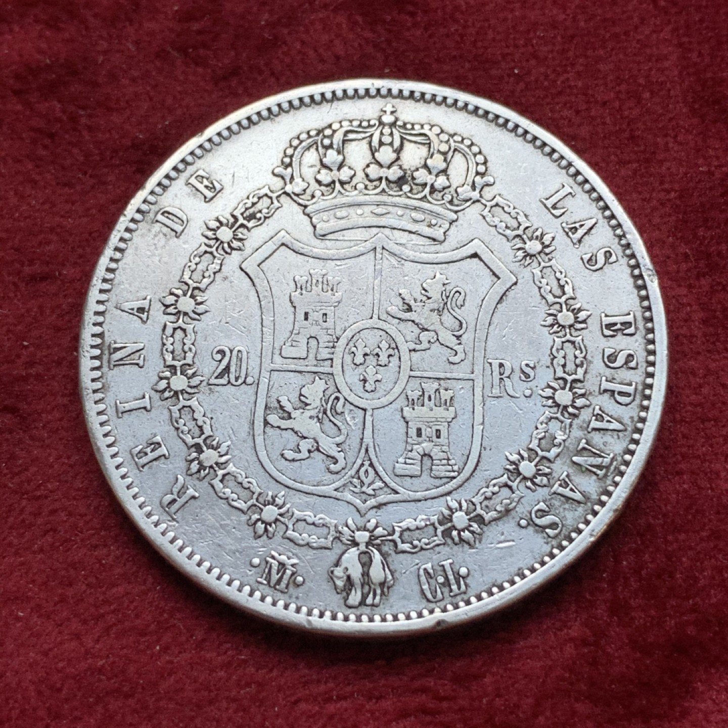 《竞宝斋》第74场-套币裸币专场 本周日，周一，周四.3场连拍（全场不限金额包邮） 西班牙1850年猪妹妹 青年像 20R 大银币 非常稀少的版别