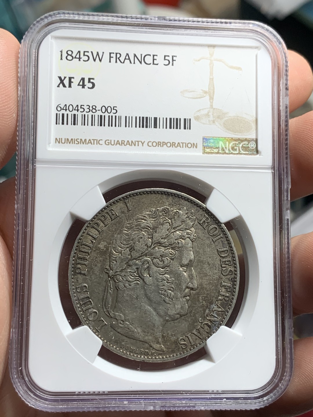 《竞宝斋》第74场-套币裸币专场 本周日，周一，周四.3场连拍（全场不限金额包邮） NGC-XF45 法国 1845-W年 里尔厂 5法郎大银币 好版好品 菲利普有这个分数已经很不错了