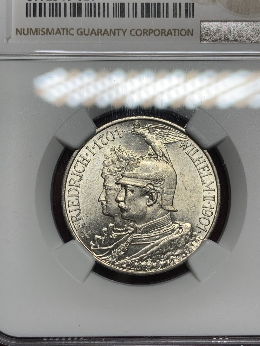 《竞宝斋》第74场-套币裸币专场 本周日，周一，周四.3场连拍（全场不限金额包邮） NGC-MS62 德国普鲁士 1901年 两百周年纪念军装版 2马克 原光银币