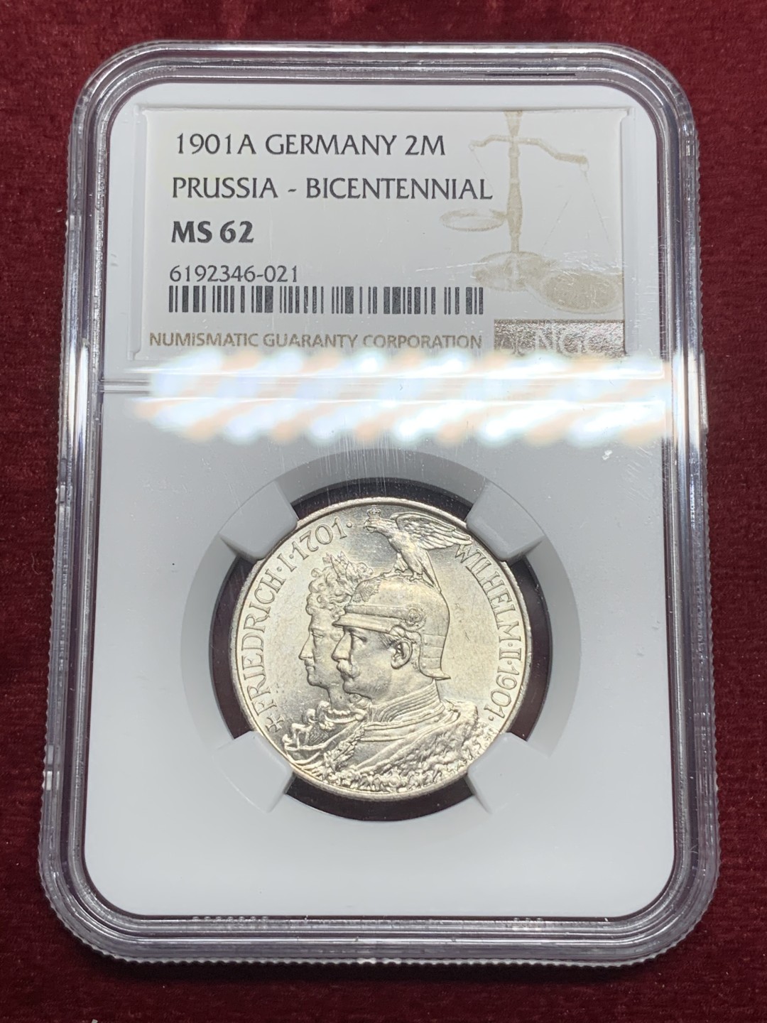 《竞宝斋》第74场-套币裸币专场 本周日，周一，周四.3场连拍（全场不限金额包邮） NGC-MS62 德国普鲁士 1901年 两百周年纪念军装版 2马克 原光银币