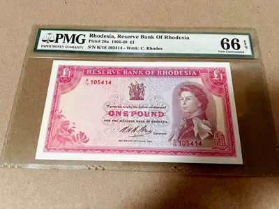 【Blue Auction】✨世界纸币精拍第203期【精】 - 罗德西亚 1966-68年1镑 PMG66EPQ 戎装女王 大瀑布 较少见