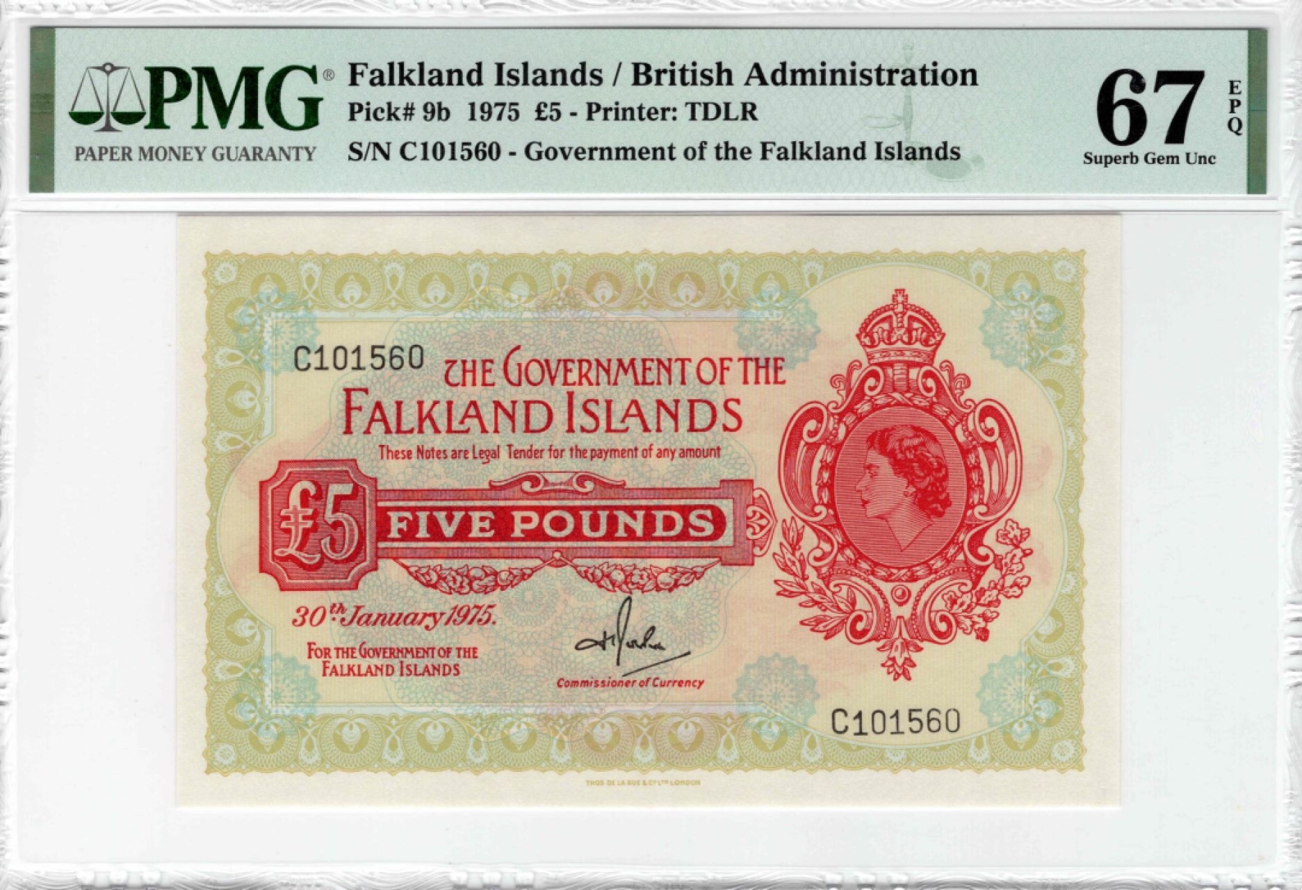 收藏联盟Quantum Auction 第175期拍卖 1975年福克兰群岛5镑 PMG67E