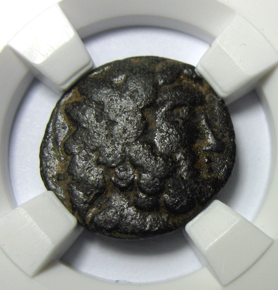 古希腊铜币,宙斯与奔马,皮西迪亚,特梅索斯城,BC61-39,1德拉克马,规格15.8mm, 4.5g,自打标签盒子