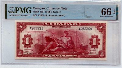 【Blue Auction】✨世界纸币精拍第203期【精】 - 库拉索 1942年1盾 PMG66EPQ 美钞公司出品 墨丘利雕刻精美