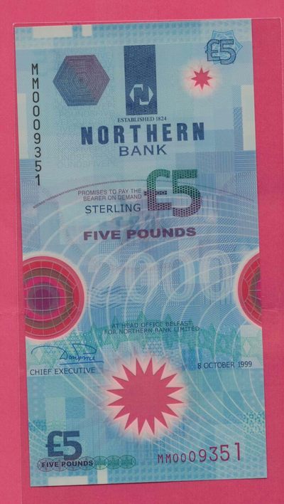 北爱尔兰5镑 1999年 千禧年塑料纪念钞 MM冠 无47 千位号 实物图 UNC - 北爱尔兰5镑 1999年 千禧年塑料纪念钞 MM冠 无47 千位号 实物图 UNC