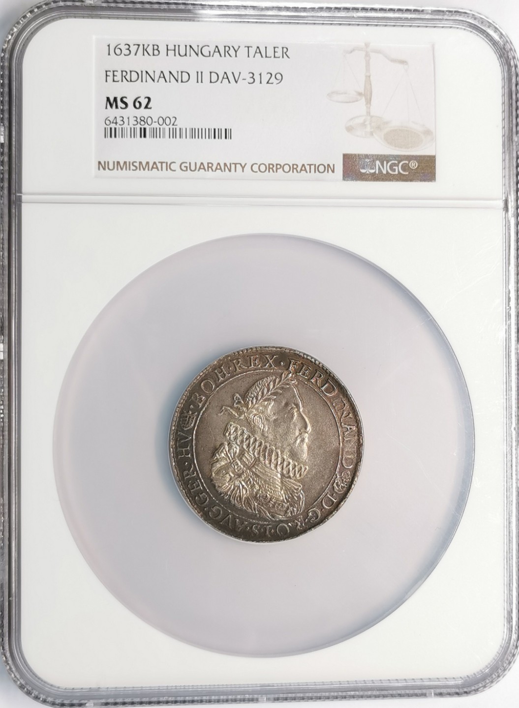 凡希社世界钱币微拍第二百零五期 稀！1637神罗匈牙利斐迪南二世大型泰勒NGC-MS62环彩冠军分！