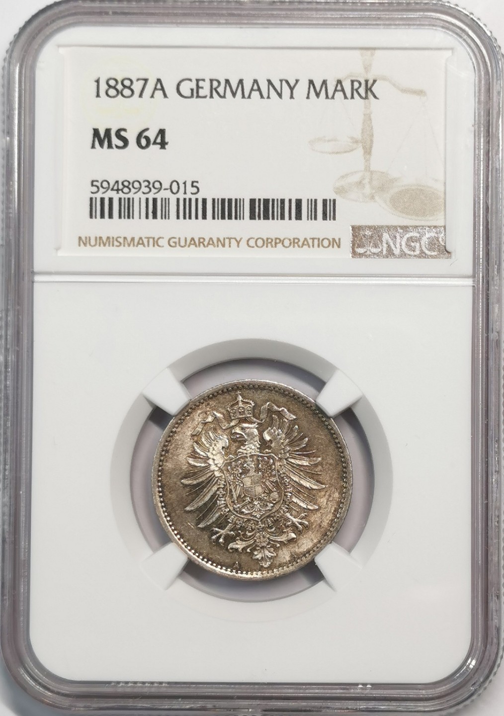 凡希社世界钱币微拍第二百零五期 1887A德国短翅银马克NGC-MS64