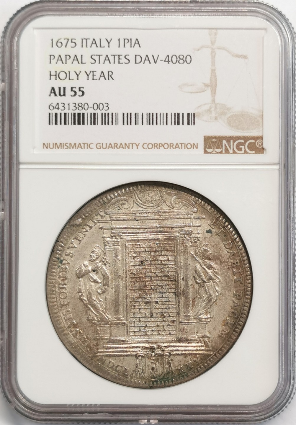 凡希社世界钱币微拍第二百零五期 荐！1675教皇国圣禧年皮亚斯特大银NGC-AU55收藏级！