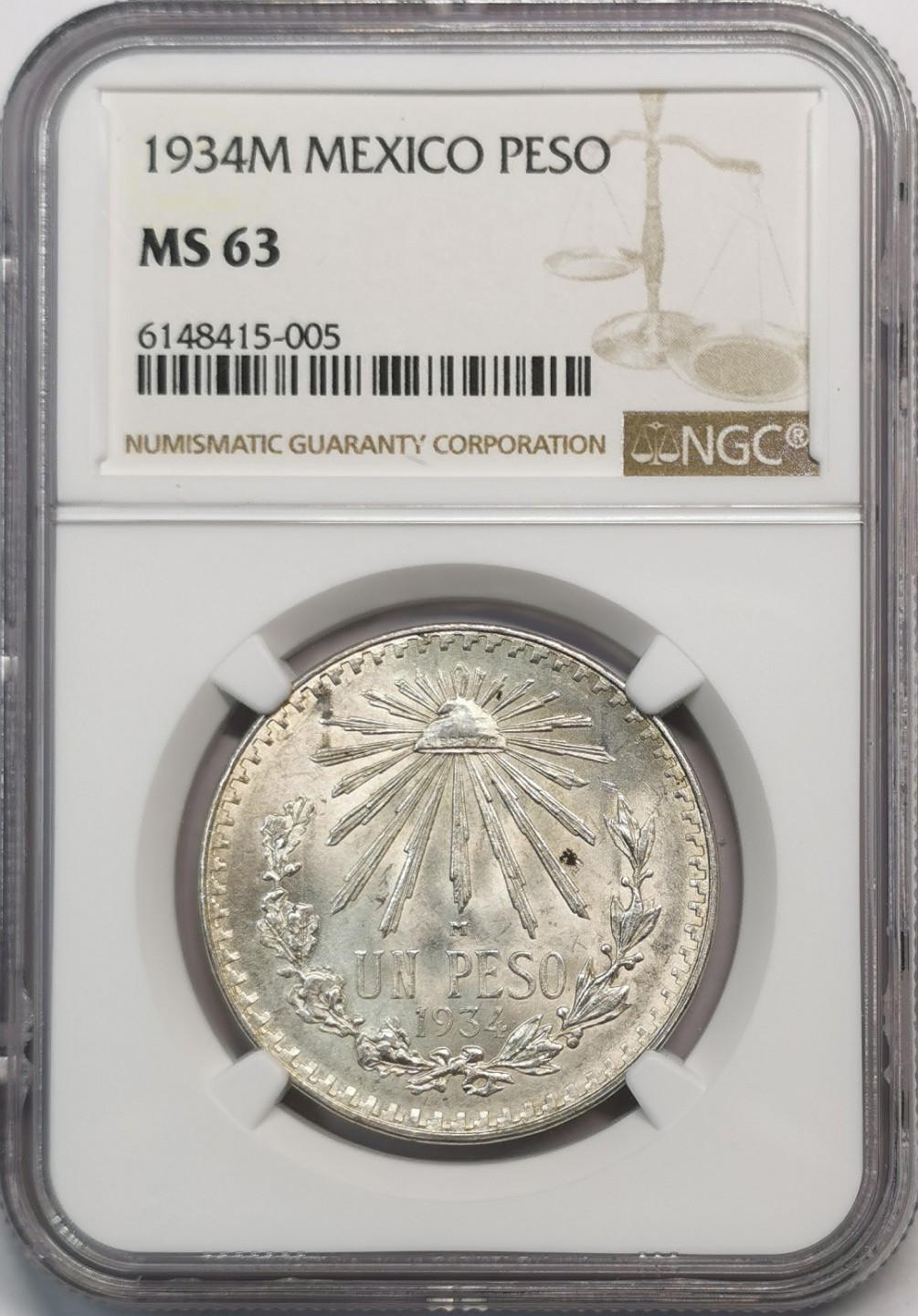 凡希社世界钱币微拍第二百零五期 1934墨西哥仙人掌与鹰银比索NGC-MS63