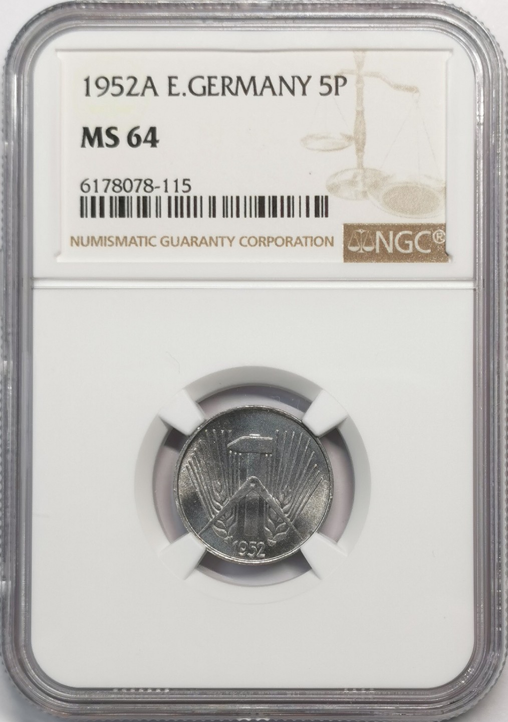 凡希社世界钱币微拍第二百零五期 1952东德5芬尼铝币NGC-MS64