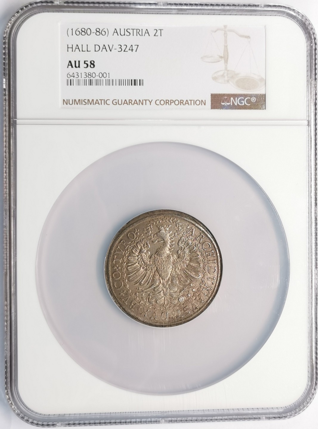 凡希社世界钱币微拍第二百零五期 荐！1680-86神罗蒂罗尔利奥波德一世2泰勒大银NGC-AU58 58克 大盒