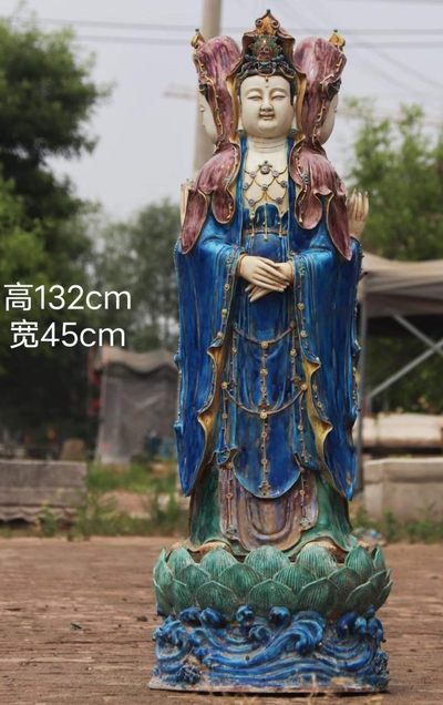 美品·精工细作满工唐三彩三面佛站像。  - 美品·精工细作满工唐三彩三面佛站像。 