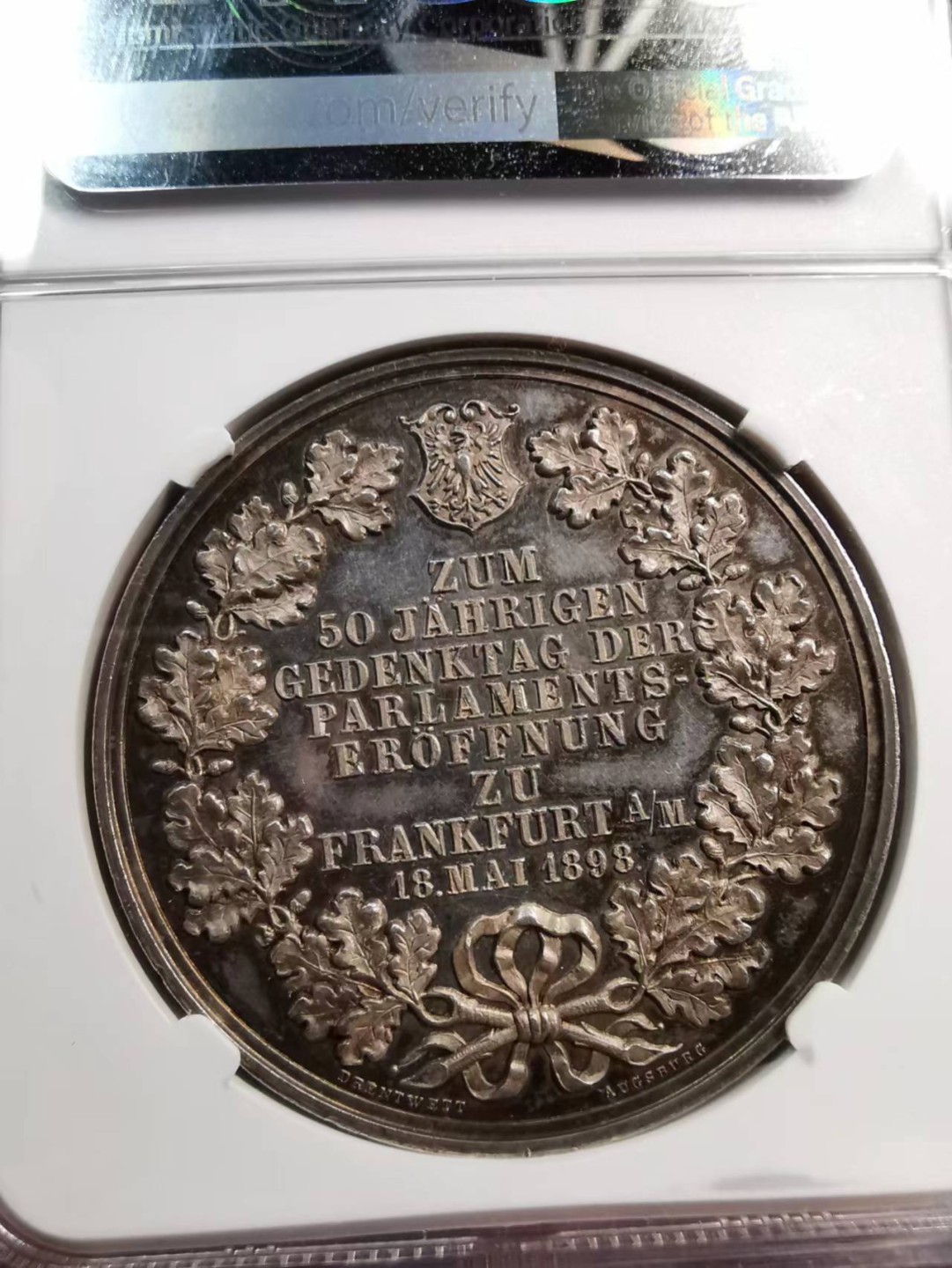 凡希社世界钱币微拍第二百零五期 1898德国法兰克福议会50周年纪念银章NGC-MS62