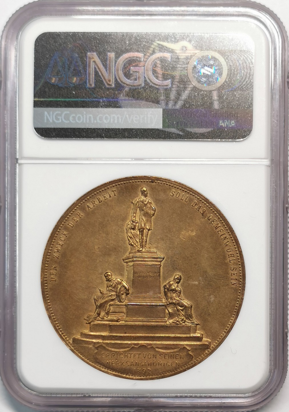 凡希社世界钱币微拍第二百零五期 1892德国克虏伯雕像落成纪念铜章NGC-MS63