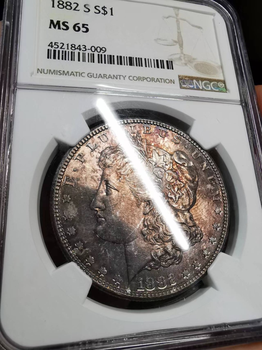 凡希社世界钱币微拍第二百零五期 1882S美国摩根壹元NGC-MS65紫金彩！