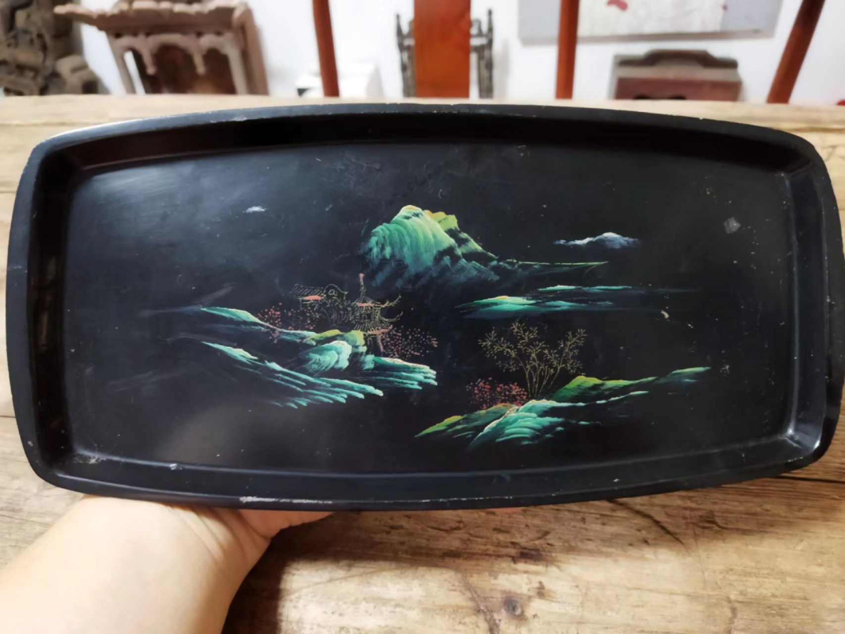80年代 徽州 屯溪漆器工艺厂  老茶盘 山水图 30*14.5*1.2cm  