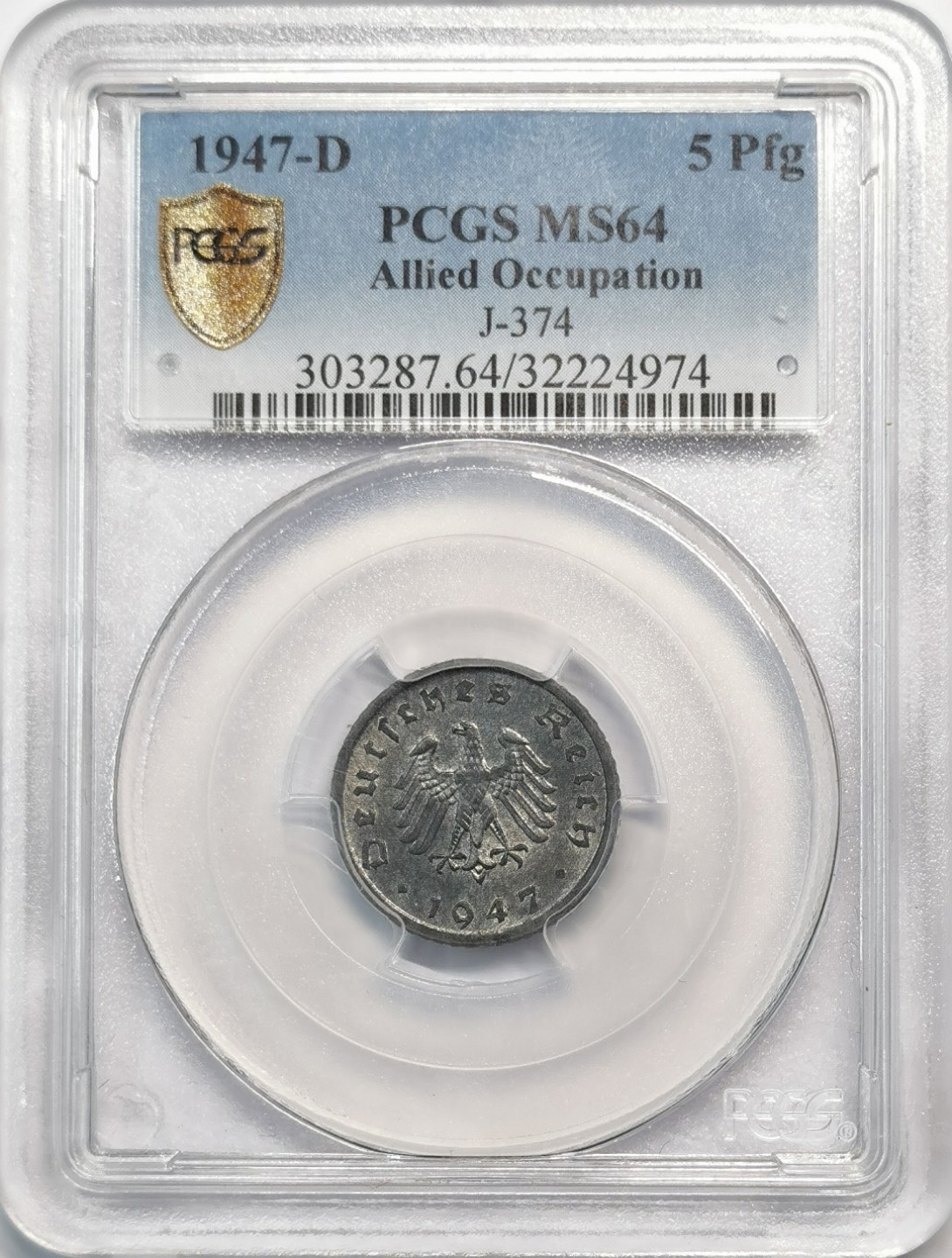 凡希社世界钱币微拍第二百零五期 1947德国盟军5芬尼锌币PCGS-MS64