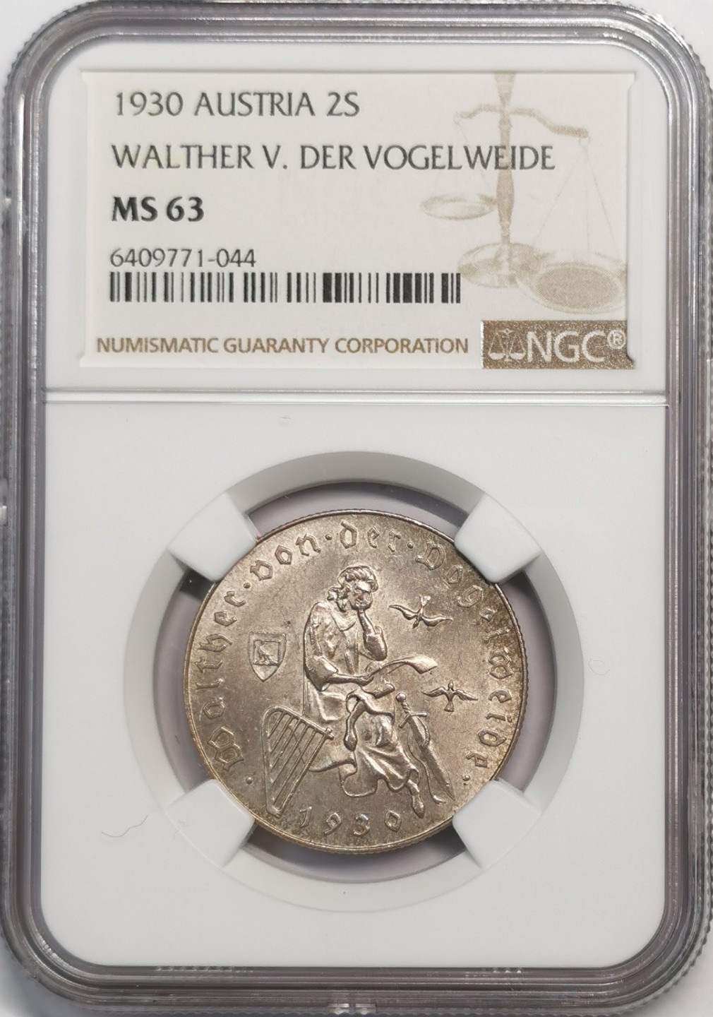 凡希社世界钱币微拍第二百零五期 1930奥地利吟游诗人瓦尔泽2先令纪念银币NGC-MS63