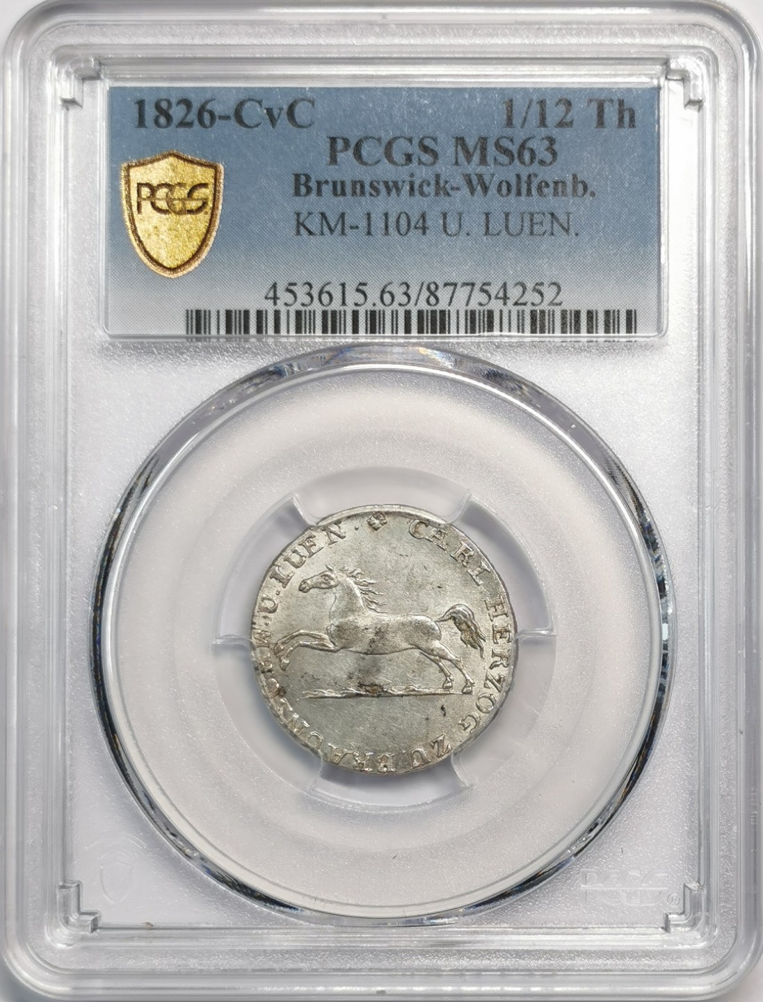 凡希社世界钱币微拍第二百零五期 1826不伦瑞克飞马1/12泰勒PCGS-MS63原色银光！