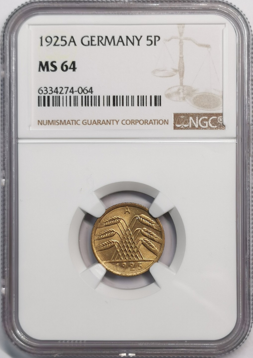 凡希社世界钱币微拍第二百零五期 1925魏玛5芬尼NGC-MS64