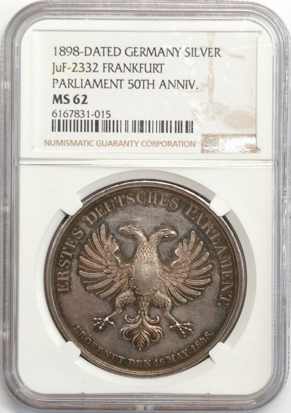 凡希社世界钱币微拍第二百零五期 1898德国法兰克福议会50周年纪念银章NGC-MS62